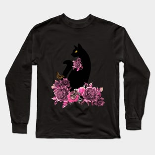 black color cat with butterfly moth and flowers, cats lovers design Long Sleeve T-Shirt